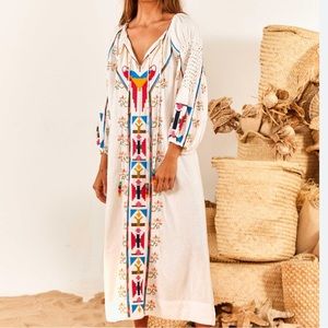 NWT Farm rio Macaw embroidered linen caftan midi dress boho beaded Net-a-Porter